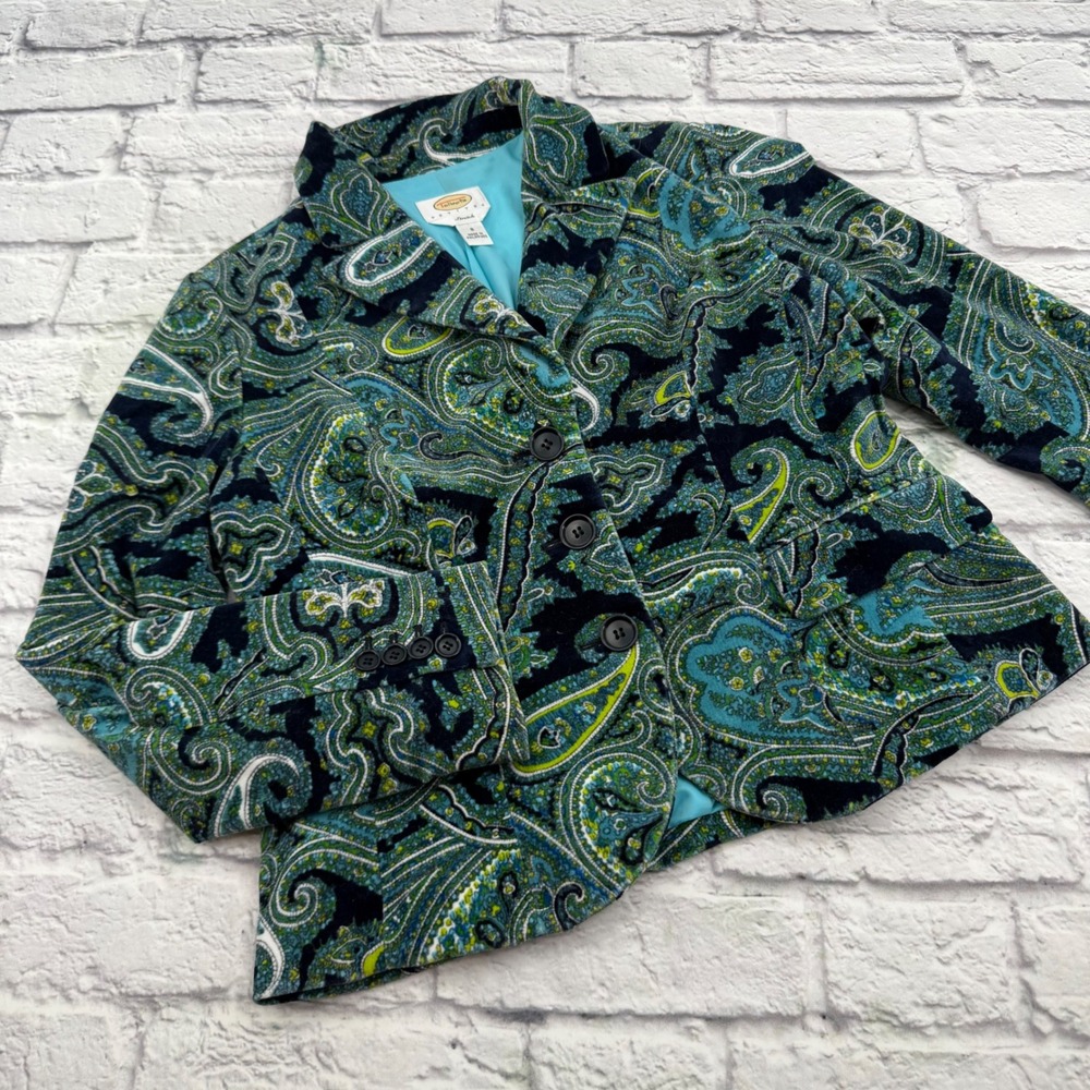 Talbots Petites Velvet Blazer Blue Green Paisley Stretch Jacket 8P Casual
